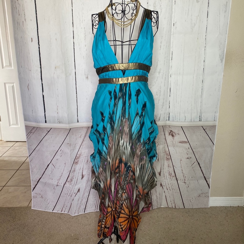 bebe Turquoise Maxi Dress with Gold Bands and Multicolor Print
